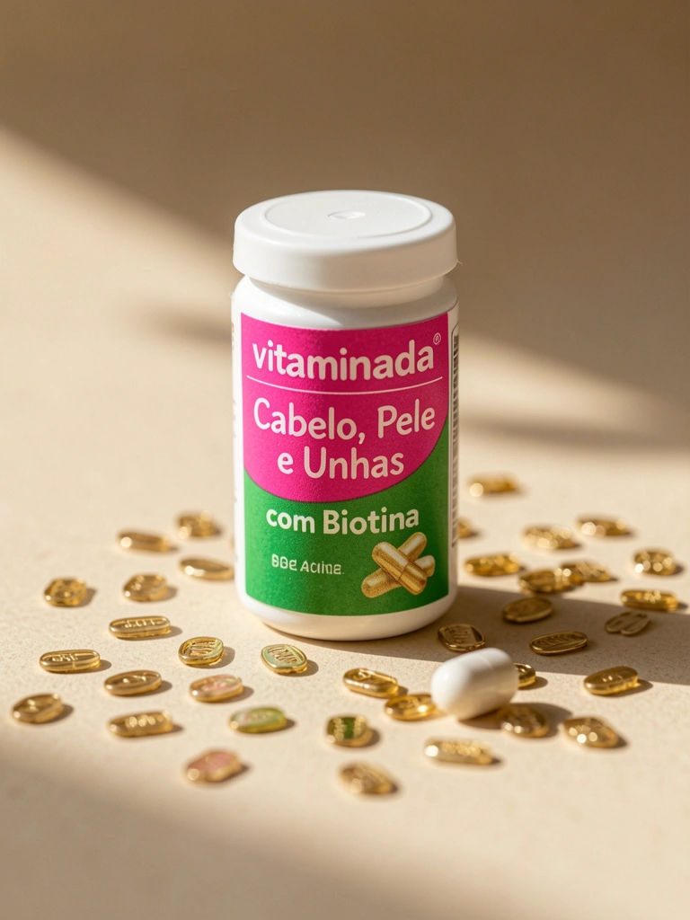 Cápsula branca de suplemento com embalagem rosa e verde e ícones dourados, luz natural suave e fundo bege desfocado.