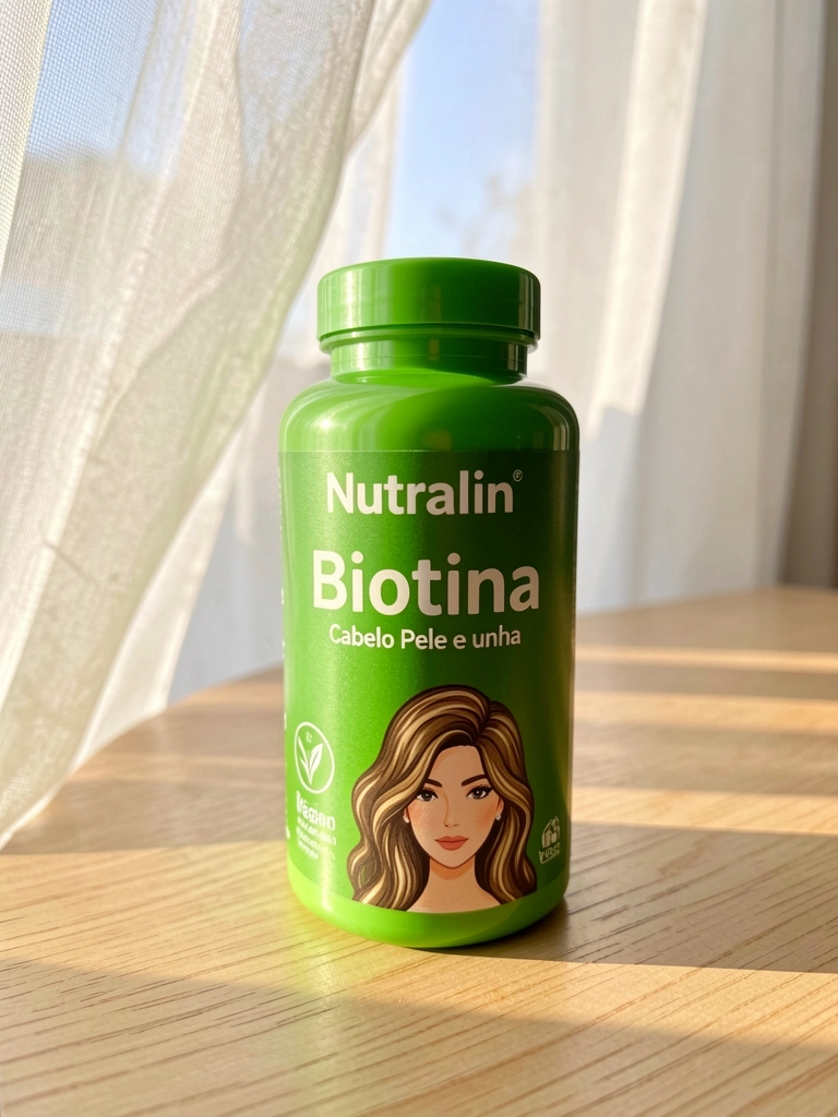 Frasco verde de Nutralin Biotin sobre mesa de madeira clara, com luz natural filtrando por cortina branca e leve desfoque ao fundo.