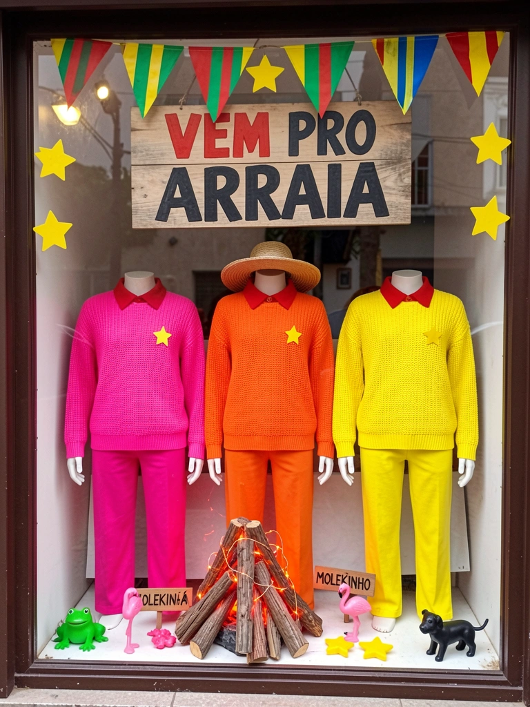 Vitrine decorada com bandeirinhas coloridas, fogueira artificial e chapéu de palha.