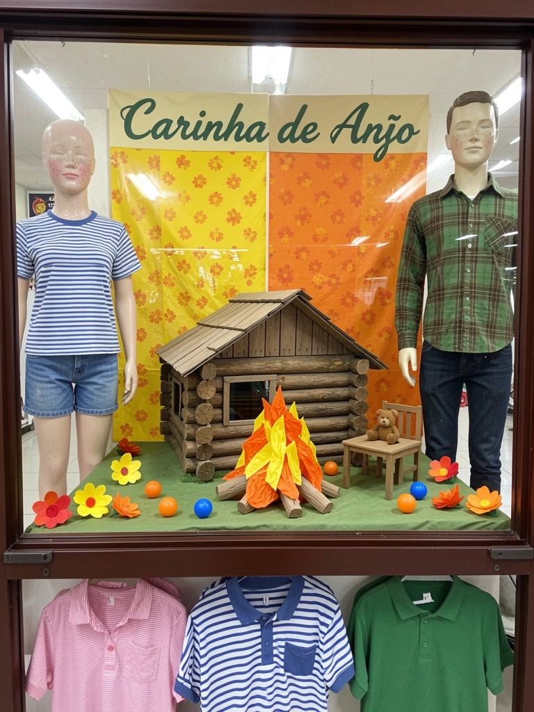 Fogueira decorativa feita de papelão com chamas de papel crepom vermelho e laranja.