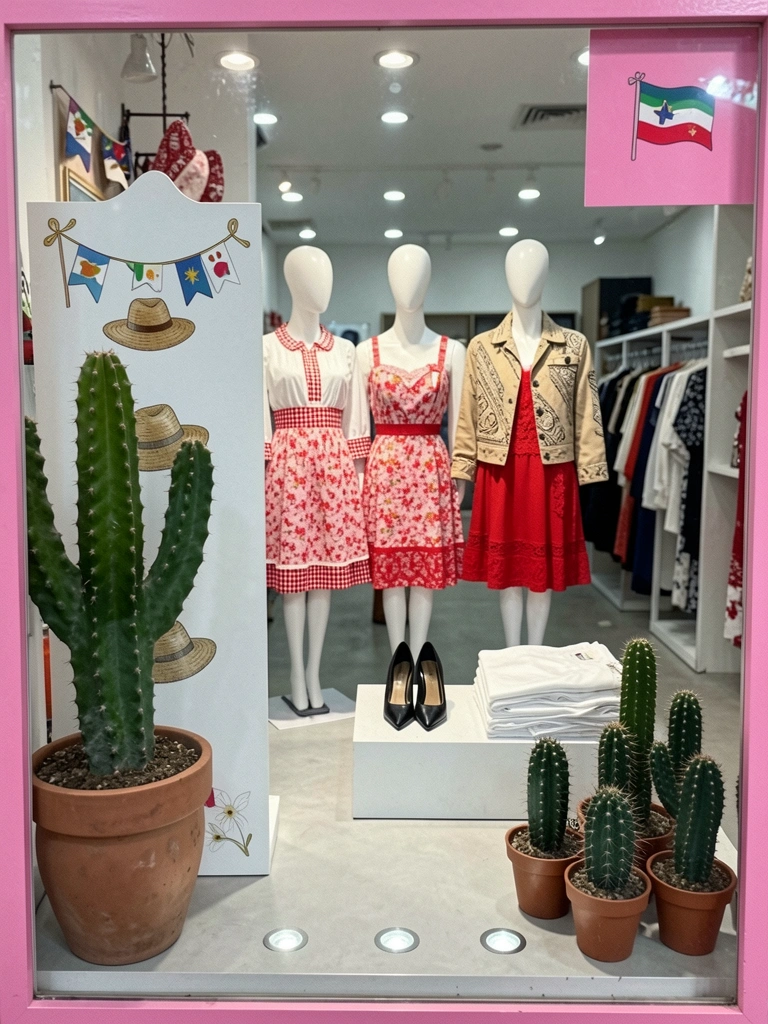 Kit adesivo removível para vitrine com bandeirinhas coloridas, fogueira e balões juninos.