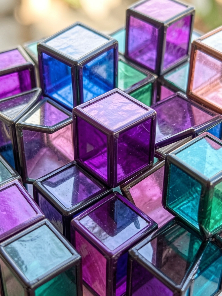 Cubos de vidro geométricos nas cores roxo, azul, rosa e verde-azulado, com bordas nítidas e superfícies reflexivas, iluminação suave e difusa, fundo levemente desfocado.