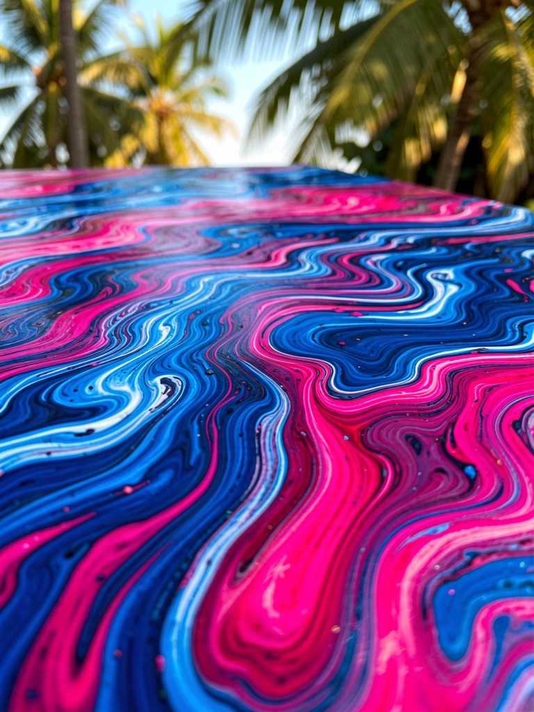 Fluid art abstrato com espirais vibrantes de azul profundo, magenta e rosa choque, textura macroscópica e luz natural tropical ao fundo.