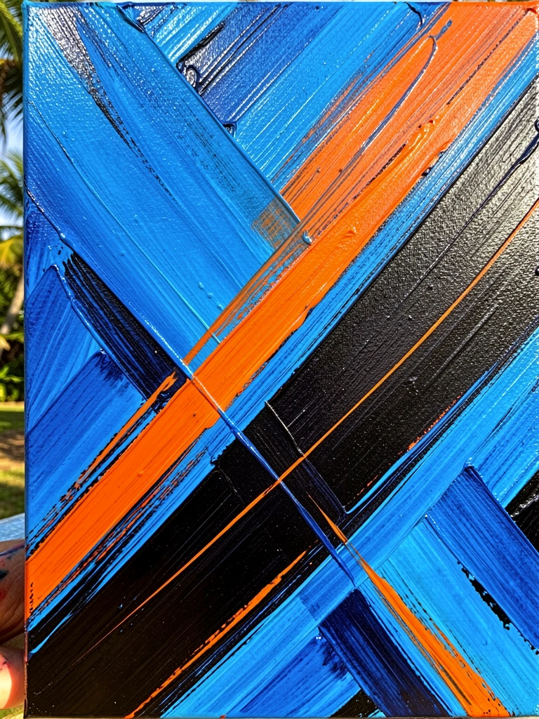 Pinceladas espessas de azul, laranja e preto em pintura abstrata com textura impasto, luz natural tropical ao fundo.