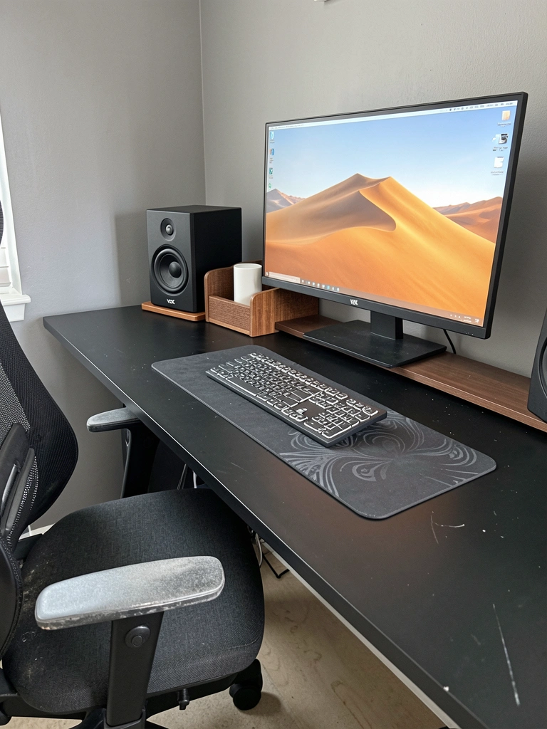 Mesa de escritório com suporte elevatório, notebook e monitor ajustados em altura.
