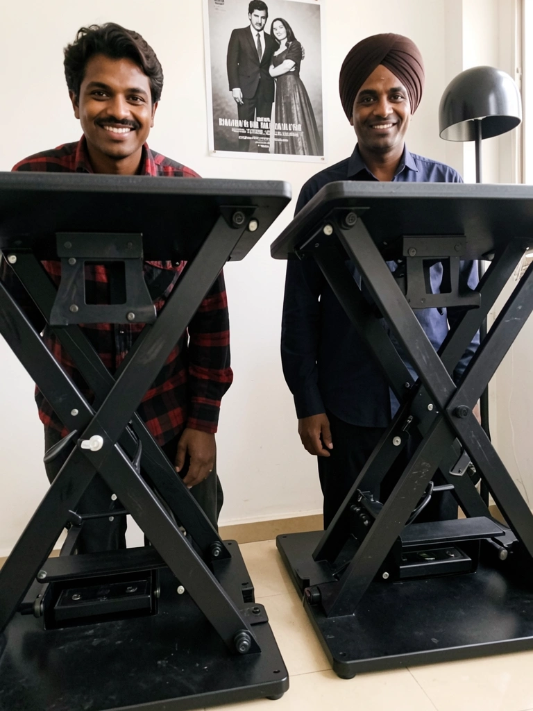Suporte riser desk sobre bancada, com mecanismo de elevação visível em close.