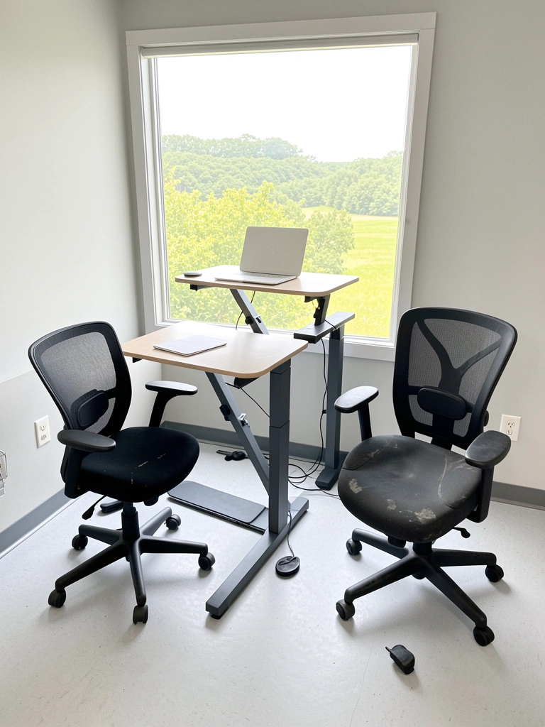 Mesa elétrica grande ao lado de riser desk pequena, mostrando diferença de altura e espaço.