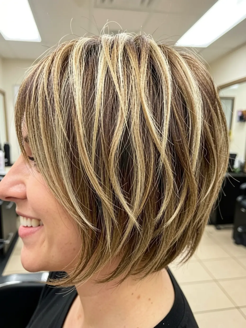 Cabelo curto em camadas com mechas loiras e castanhas, textura ondulada e sorriso natural em salão com piso claro.