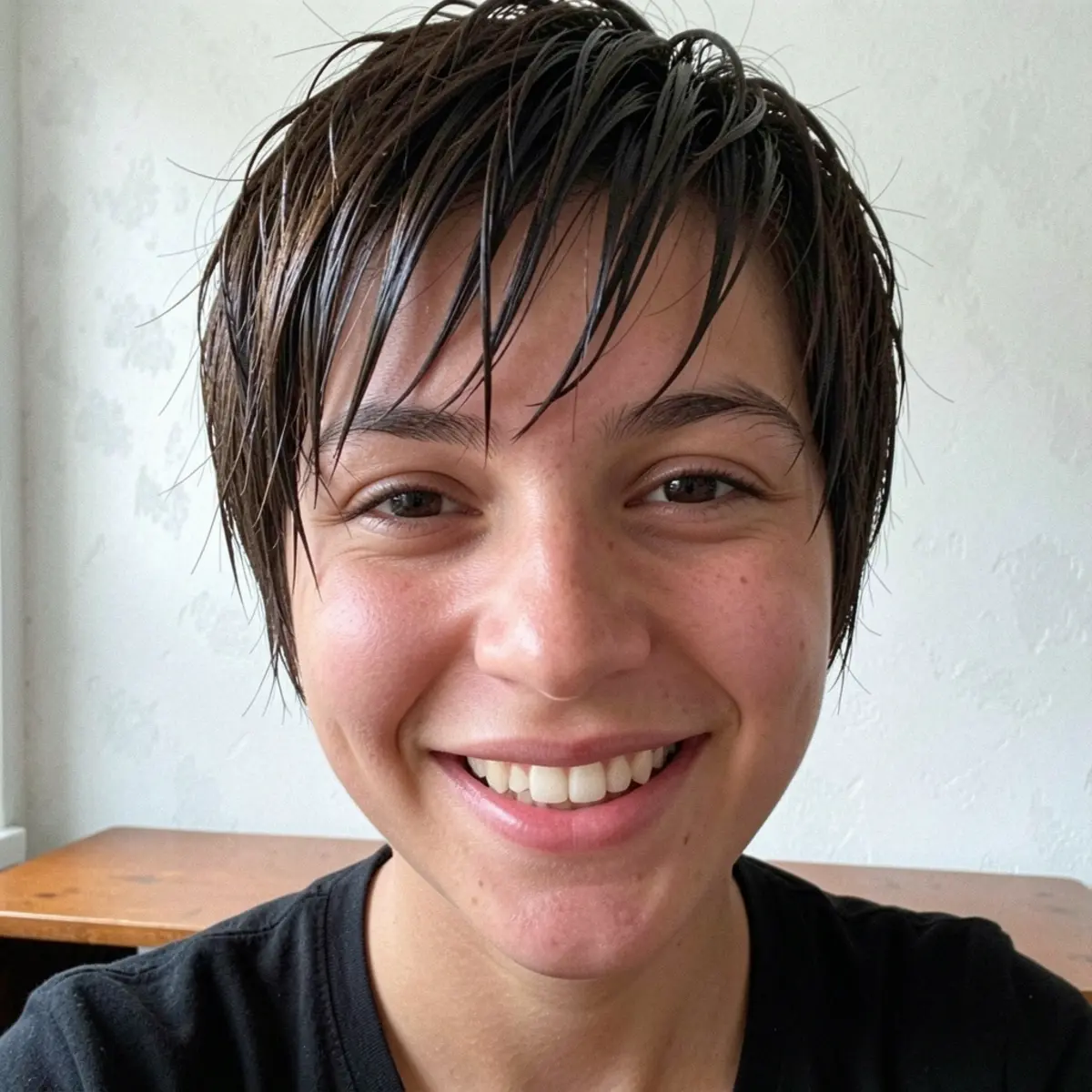 Jovem com cabelo curto em camadas, texturizado e levemente úmido, sorrindo sob luz natural difusa.