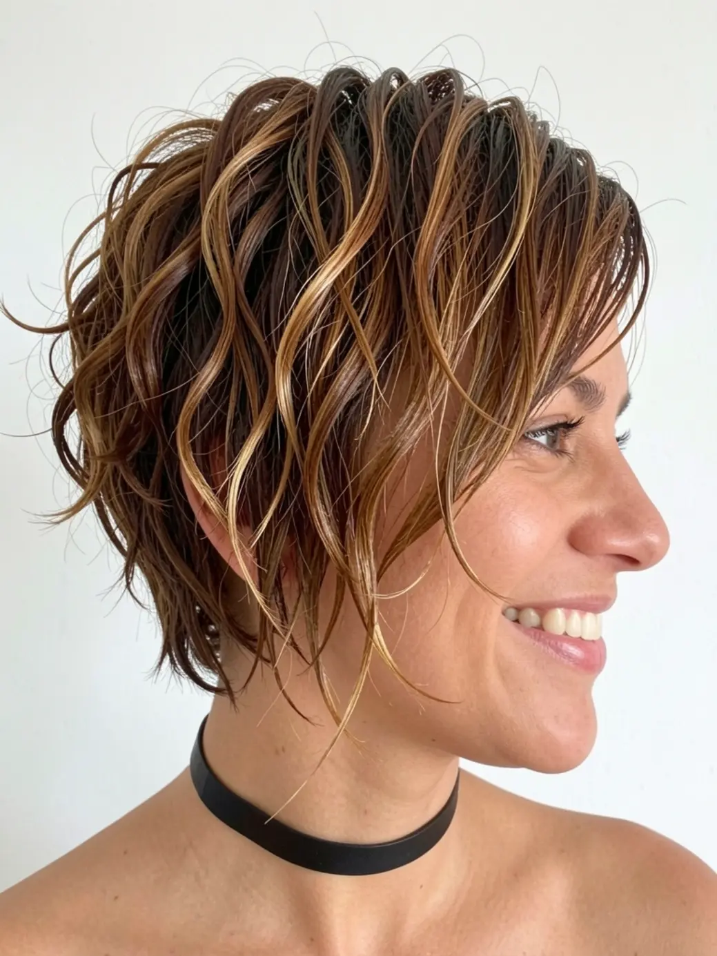 Mulher brasileira de perfil com cabelo curto em camadas, mechas caramelas e sorriso natural, luz suave de janela.
