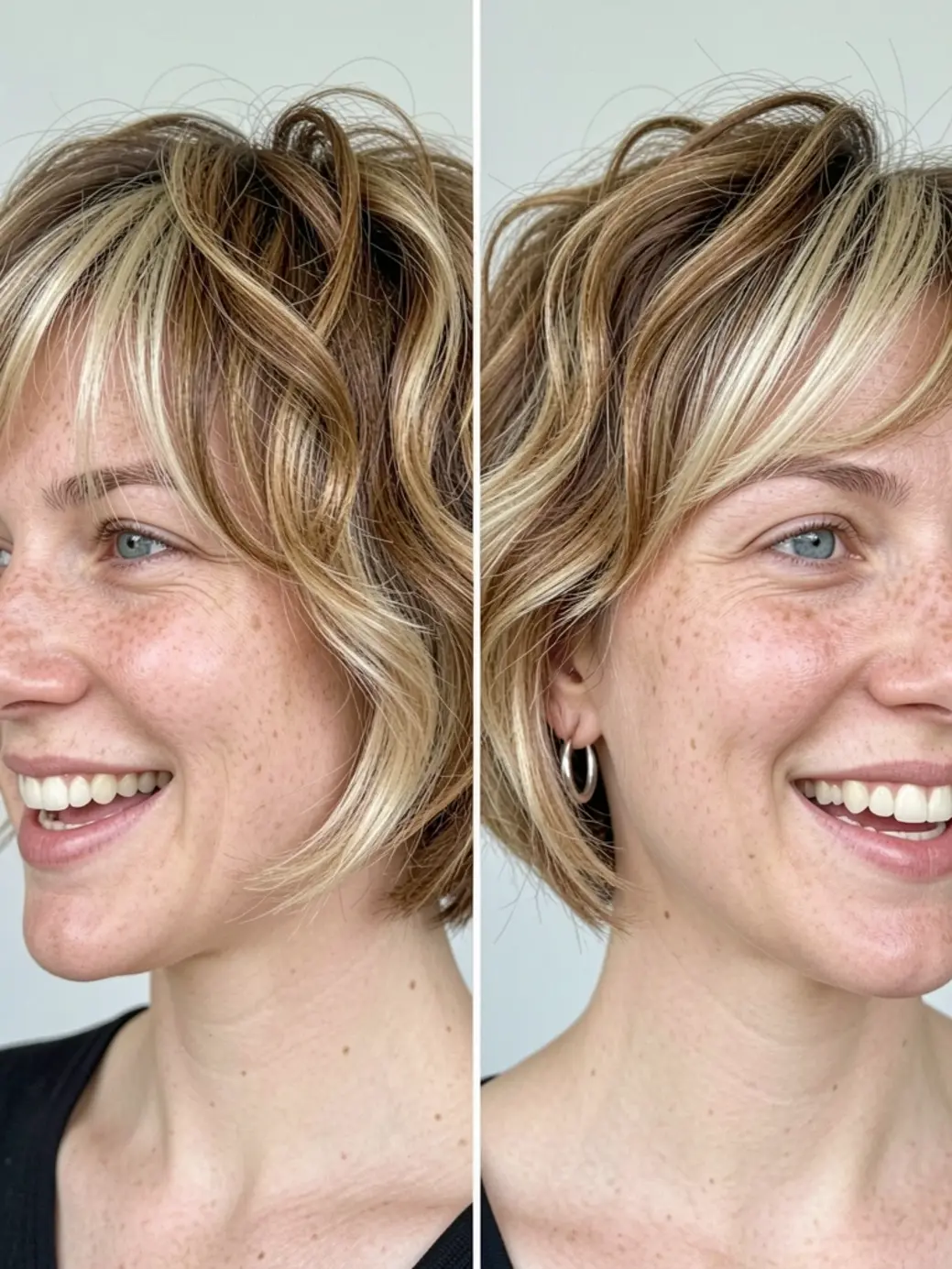 Mulher de cabelo curto em camadas com ondas naturais, mechas loiras e sorriso aberto, em close duplo de perfil.