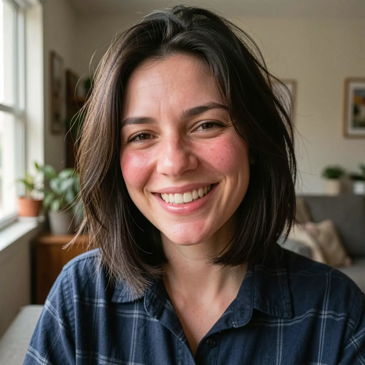 Mulher brasileira de cabelo castanho fino em bob texturizado com pontas desfiadas, sorriso natural, pele clara com blush rosado, camisa xadrez azul escura, luz de janela suave, fundo desfocado.