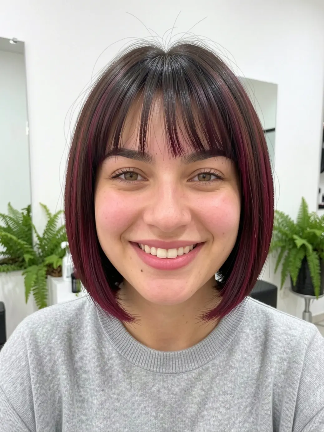 Jovem de cabelo castanho escuro com reflexos bordô, corte blunt bob texturizado, sorriso natural, suéter cinza claro, fundo de salão desfocado.