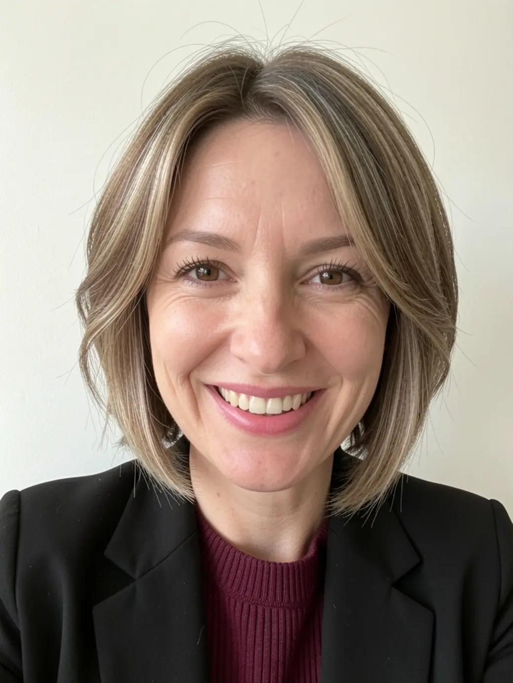 Mulher de pele clara com cabelo curto em camadas e blazer preto, sorrindo com luz natural suave.