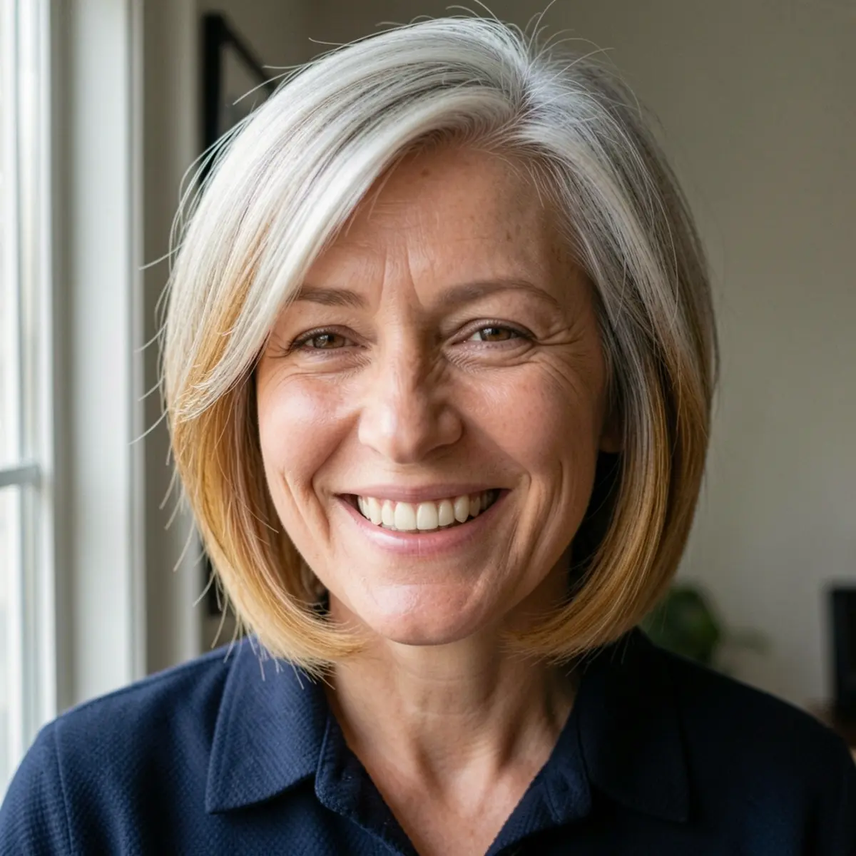 Mulher com cabelo curto em camadas platinado e loiro mel, sorriso natural, pele com rugas, camisa azul escura texturizada.