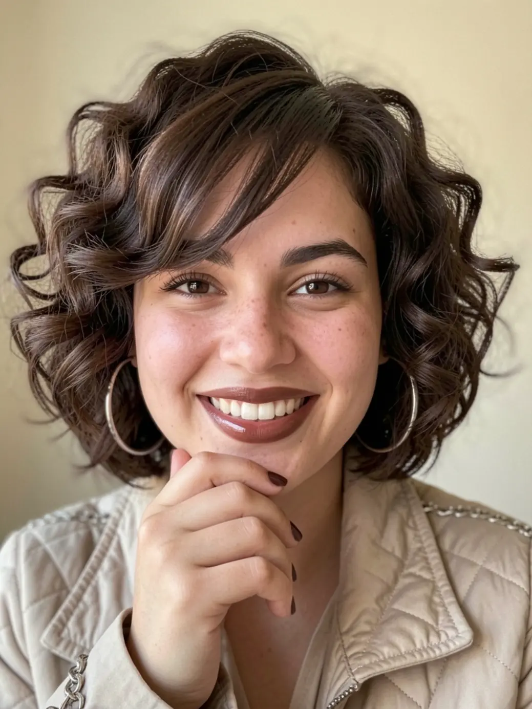 Jovem de cabelo cacheado curto em camadas, sorriso natural, brincos argola e jaqueta acolchoada bege.