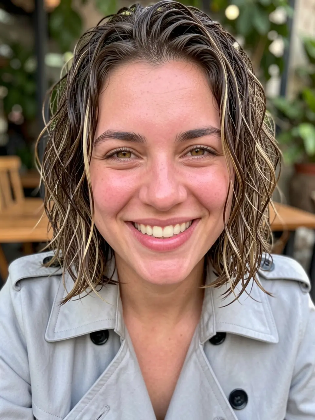 Jovem brasileira de cabelo castanho médio em corte curto em camadas com reflexos loiros, sorriso espontâneo e casaco cinza claro.