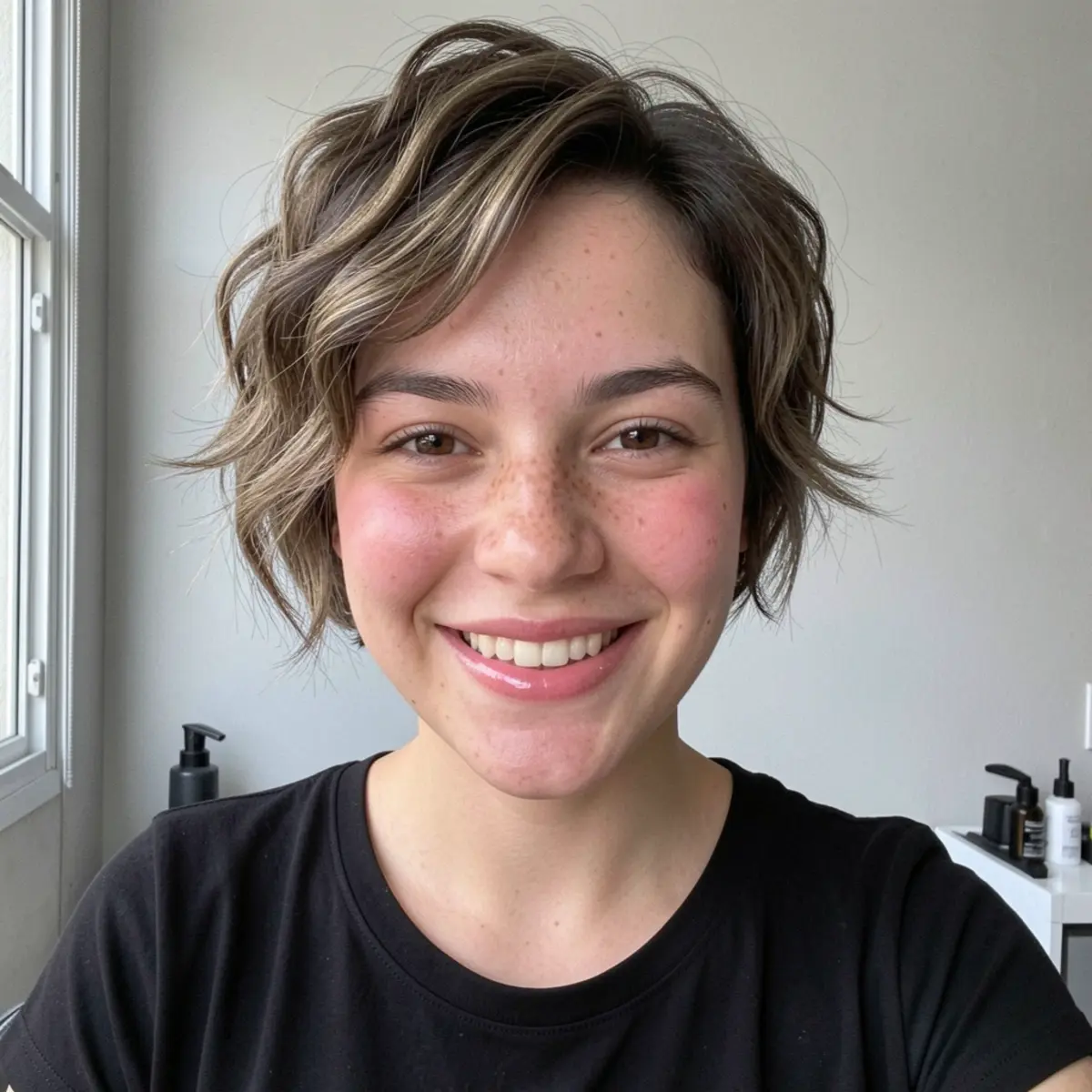 Jovem brasileira de cabelo curto em camadas com ondas suaves, sorriso natural, pele com sardas e iluminação suave de janela.