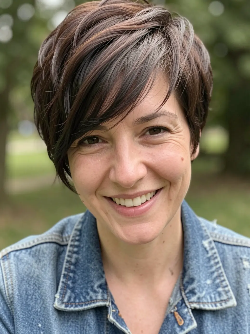 Mulher com corte pixie assimétrico, jaqueta jeans desbotada, sorriso natural com luz difusa.