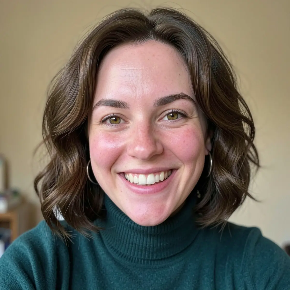Mulher sorridente com cabelo curto em camadas, cachecol verde-escuro e brincos de argola, iluminação natural suave.