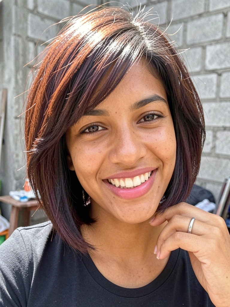 Mulher jovem de pele morena e cabelo castanho curto em camadas, sorrindo naturalmente em luz do dia, fundo de parede de tijolos desfocado.