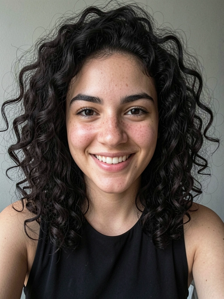 Jovem de cabelos cacheados escuros e volumosos, sorrindo naturalmente, usando blusa preta, em fundo cinza neutro.