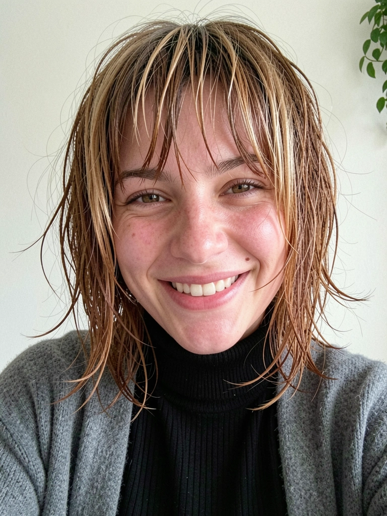 Jovem mulher de cabelo curto em camadas loiro acobreado, sorrindo, usando gola alta preta e cardigã cinza, fundo claro com planta.