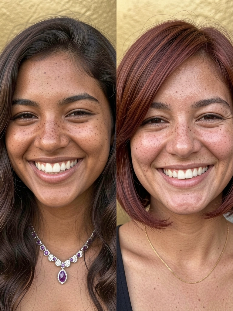 Jovem sorrindo em retrato dividido: cabelo escuro ondulado à esquerda, bob avermelhado à direita, colares diferentes, fundo dourado desfocado.