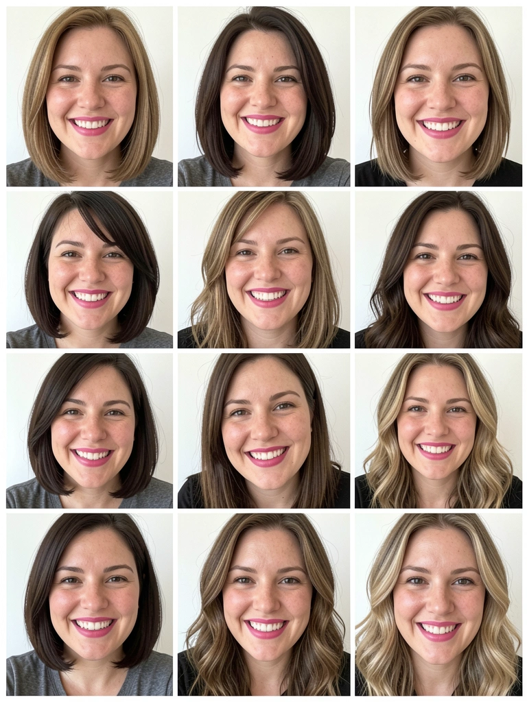 Colagem de doze retratos femininos com cortes curtos em camadas, sorrisos naturais e maquiagem suave, em fundo branco.