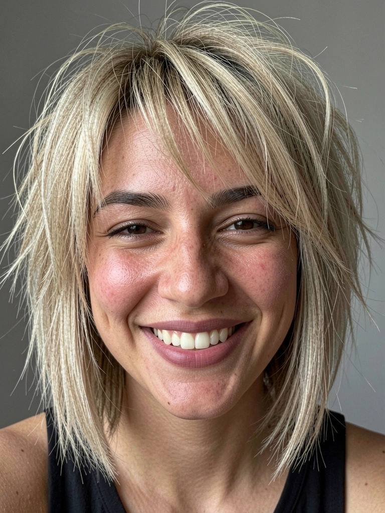 Jovem de cabelo loiro claro em corte bob texturizado, sorrindo em estúdio com fundo cinza.