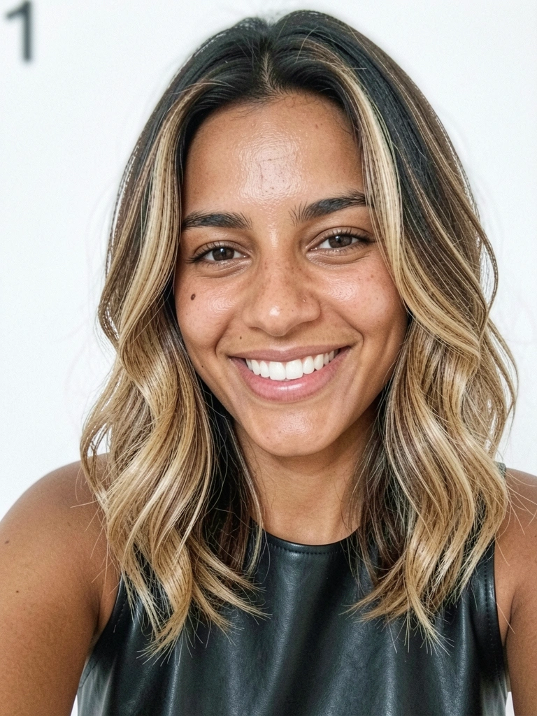 Jovem mulher com cabelo ondulado em camadas, raiz escura e pontas loiras, sorrindo naturalmente contra parede branca.
