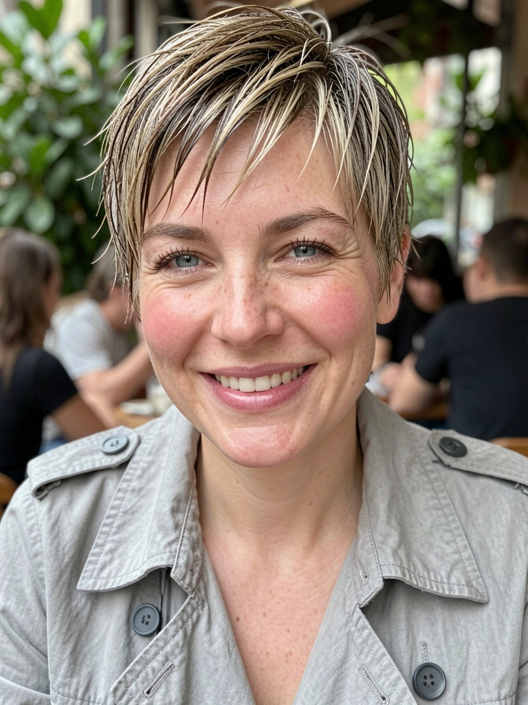Mulher com cabelo curto em camadas, franja texturizada, sorriso natural, casaco cinza claro, fundo desfocado.