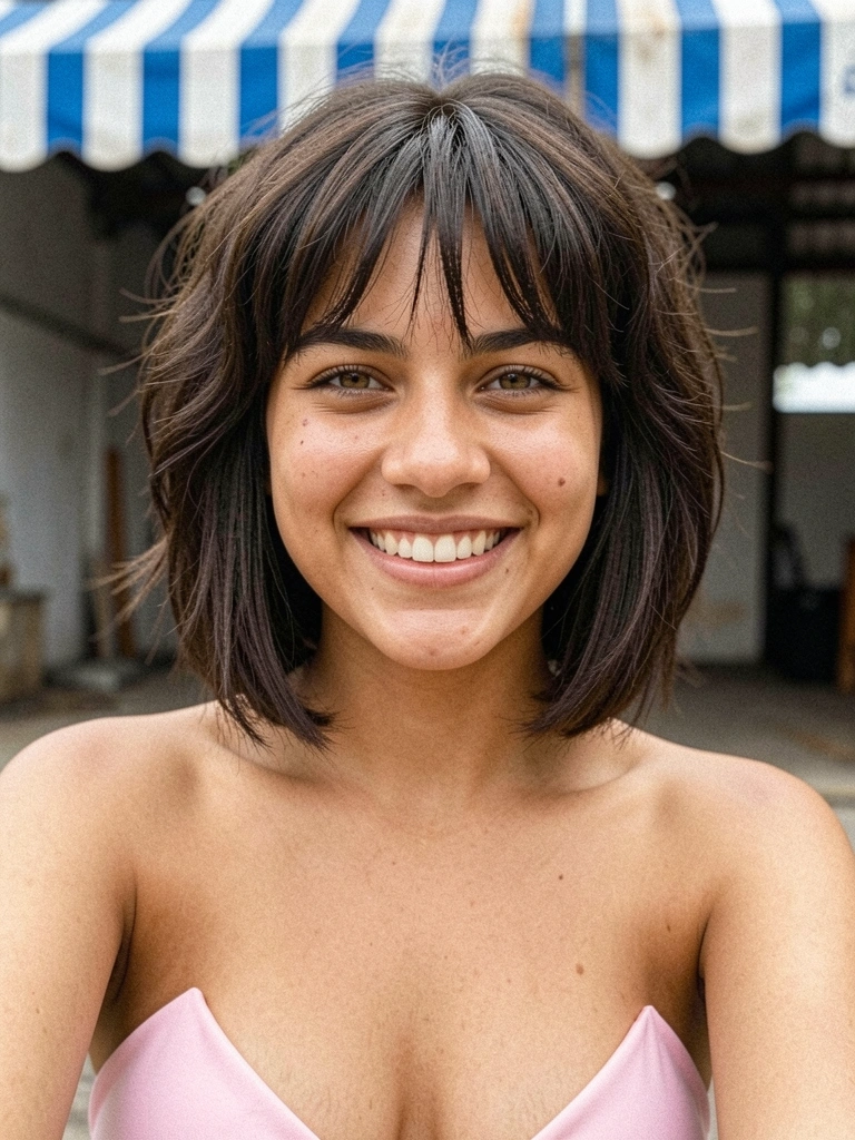 Jovem mulher brasileira de cabelo castanho escuro em corte curto texturizado, sorrindo naturalmente, usando top de biquíni rosa claro, fundo industrial desfocado.