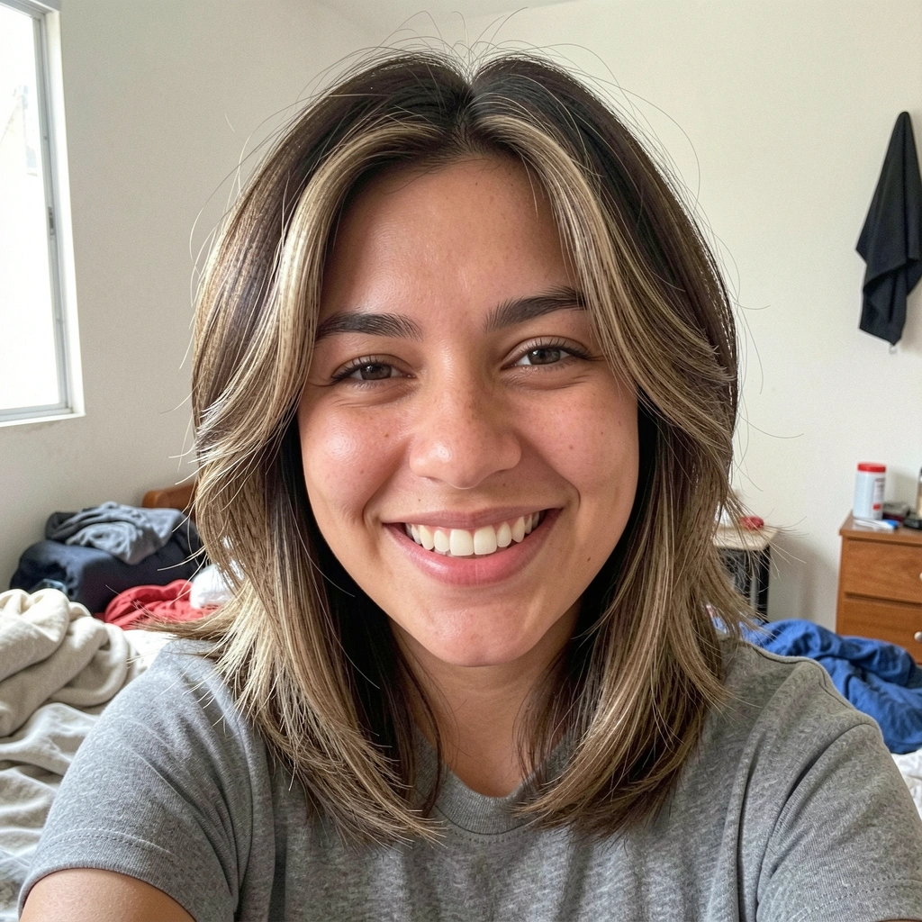 Jovem mulher brasileira com cabelo curto em camadas, sorrindo em quarto com luz natural de janela.