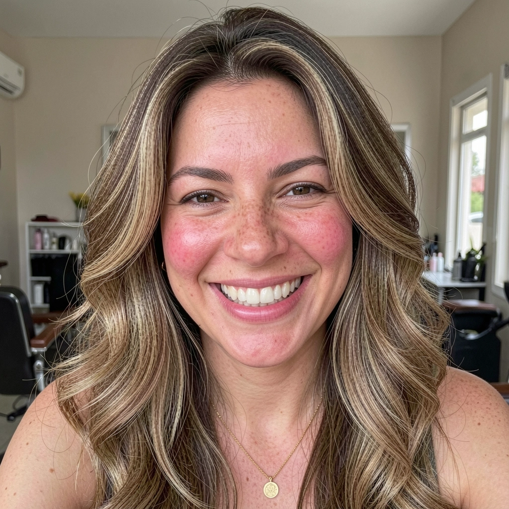 Mulher brasileira com cabelos ondulados e camadas, sorrindo naturalmente, usando colar de ouro, em salão de beleza com luz natural.