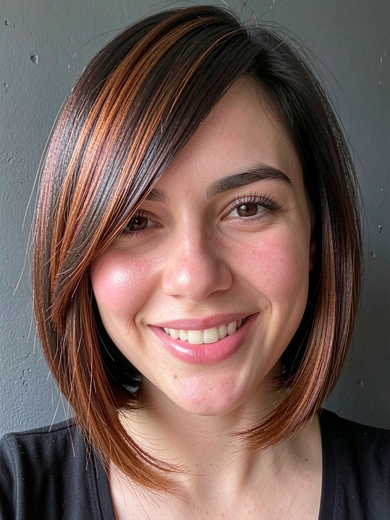 Jovem mulher com cabelo curto em camadas, franja lateral longa, sorrindo em close espontâneo com luz natural.
