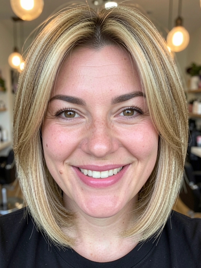 Mulher com cabelo loiro em corte curto layered, sorrindo com expressão natural em salão de beleza.
