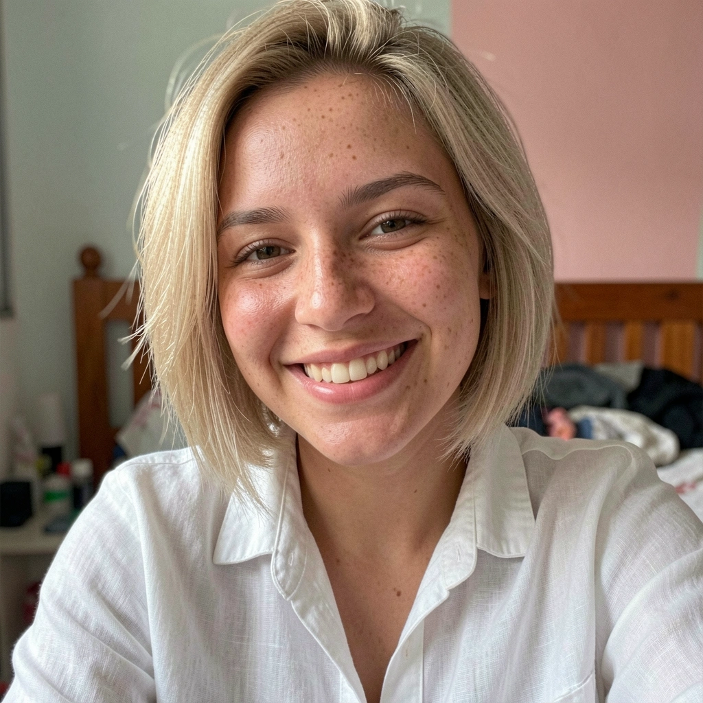 Jovem mulher de cabelo loiro curto e texturizado, sorrindo com camisa branca, em foto espontânea com luz natural de janela.