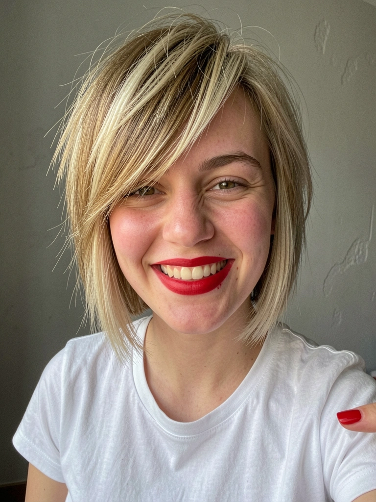 Jovem sorrindo com cabelo loiro curto em camadas, franja desconectada, batom vermelho levemente borrado, camiseta branca, luz natural de janela.