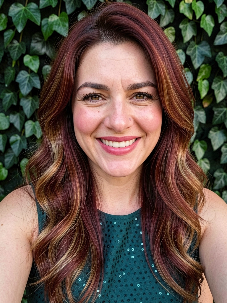 Mulher de cabelos castanho-avermelhados ondulados e corte em camadas, sorrindo com olhos e boca, usando vestido azul-petróleo com brilhos, fundo de folhagem verde desfocado.