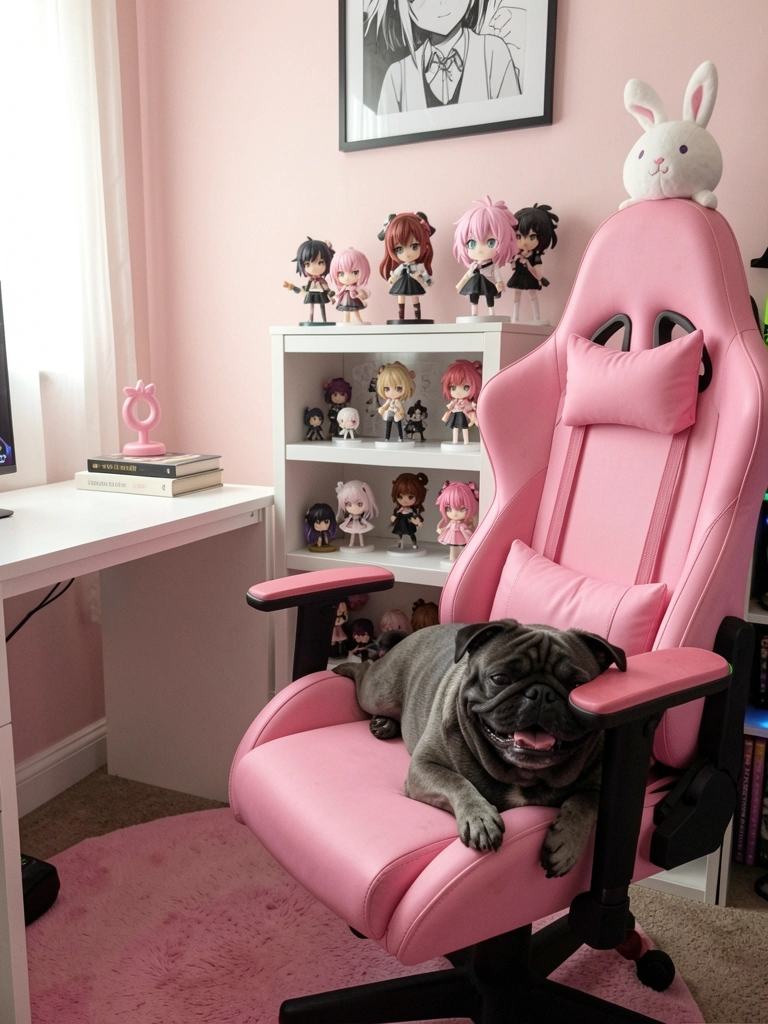 Cadeira gamer rosa em quarto com estante de anime, coelho de pelúcia e cachorro pug deitado no tapete.