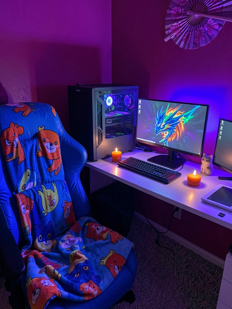 Quarto com iluminação roxa e azul, computador gamer na mesa, cadeira azul com manta estampada, vela acesa e parede rosa escuro.