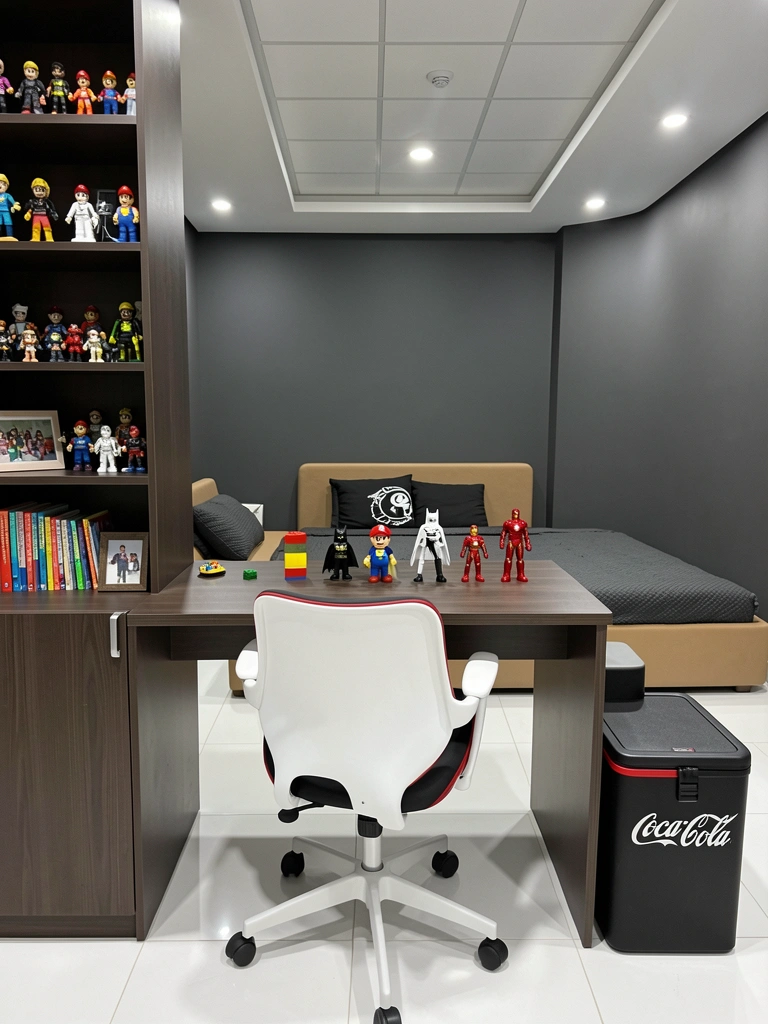 Mesa de madeira com cadeira branca e assento preto e vermelho, estante com bonecos e livros, cama com coberta cinza ao fundo.