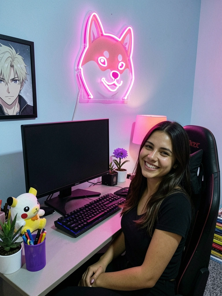 Jovem mulher sorrindo em cadeira gamer preta, quarto com letreiro neon rosa de Shiba Inu, monitor, pelúcia Pikachu e plantas.