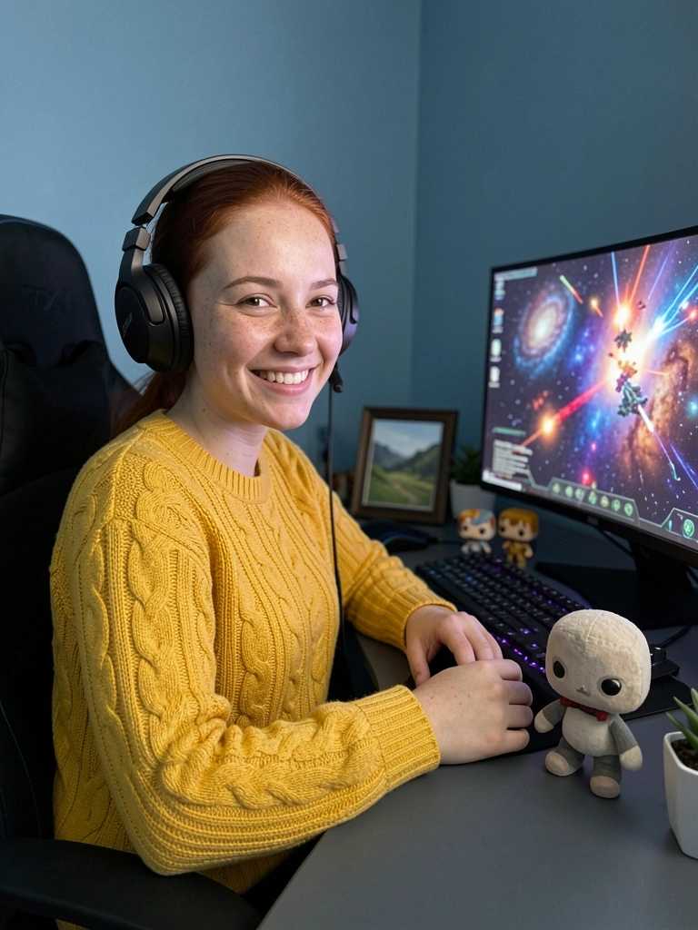 Jovem com cabelo ruivo preso, fones escuros e suéter amarelo grosso sentada em cadeira gamer, sorrindo em quarto com paredes azuis e luz de tela de computador.