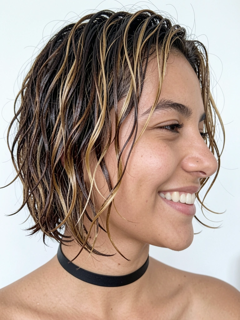Jovem mulher sorrindo, cabelo curto repicado em camadas com mechas loiras e ondas soltas, colar preto fino, fundo branco.