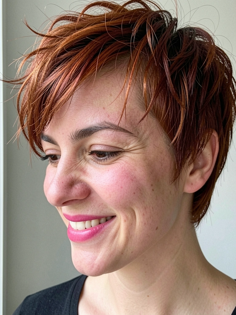 Mulher de cabelo curto repicado ruivo-acobreado, sorrindo, com luz natural lateral e fundo cinza claro.