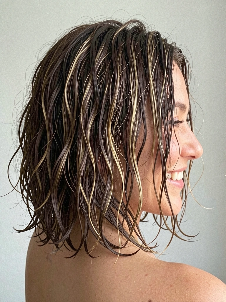 Close-up de mulher com cabelo curto repicado, ondas soltas e texturizadas, sorrindo naturalmente contra parede cinza clara.
