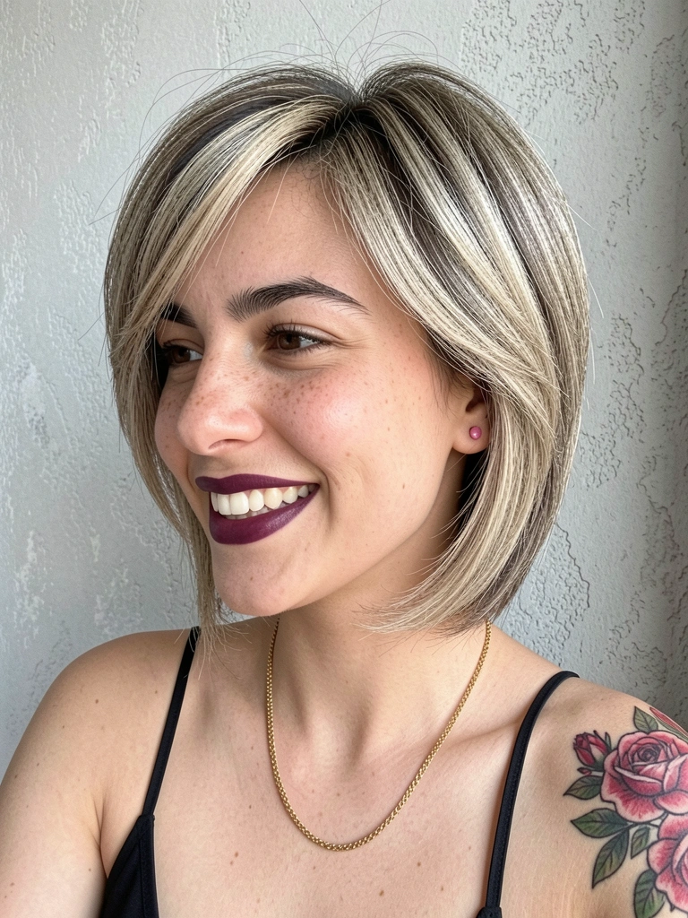 Jovem de perfil com cabelo curto repicado loiro e castanho, sorrindo com expressão natural, usando colar dourado e brinco rosa, tatuagem de rosas no antebraço.