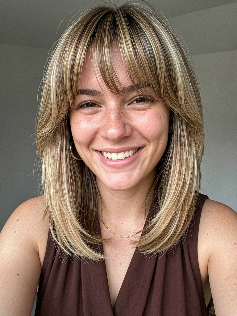 Jovem mulher sorrindo, cabelo castanho claro com ondas suaves, franja, vestido escuro e colar dourado, fundo cinza.